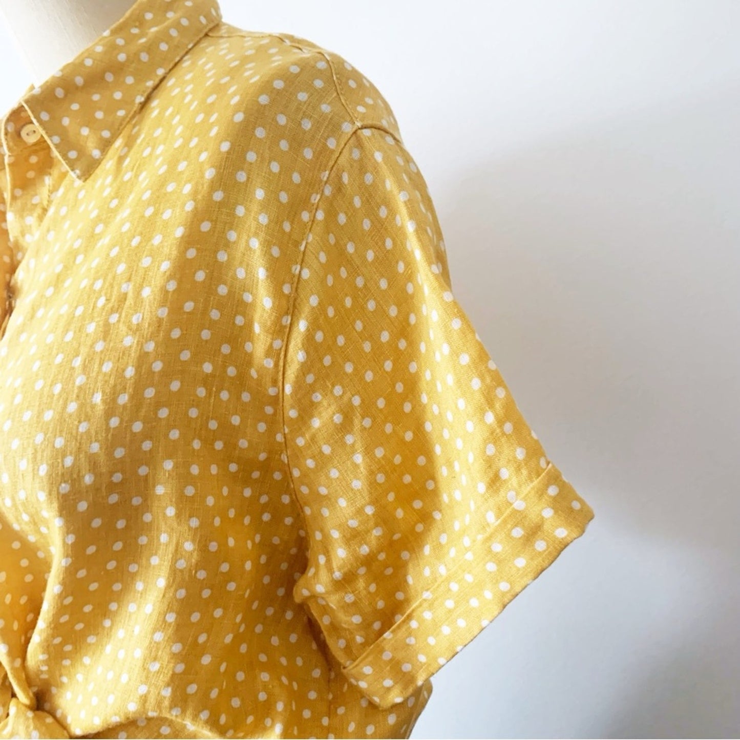 Rachel Zoe XS Linen Yellow Polka Dot Womens Top Short Cuffed Sleeve Button Shirt