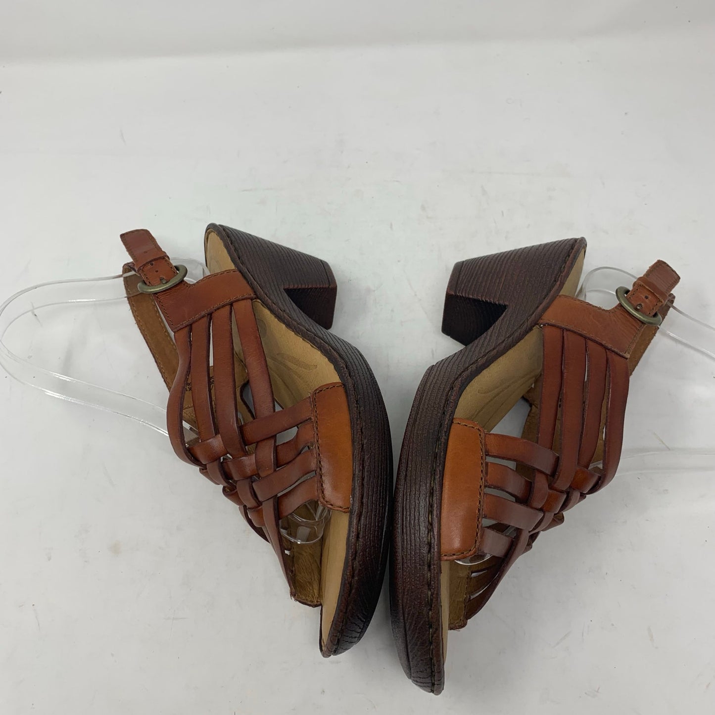 Born Valakas Size 9 Brown Leather Strappy Woven Sandals Slingback Mid Heel