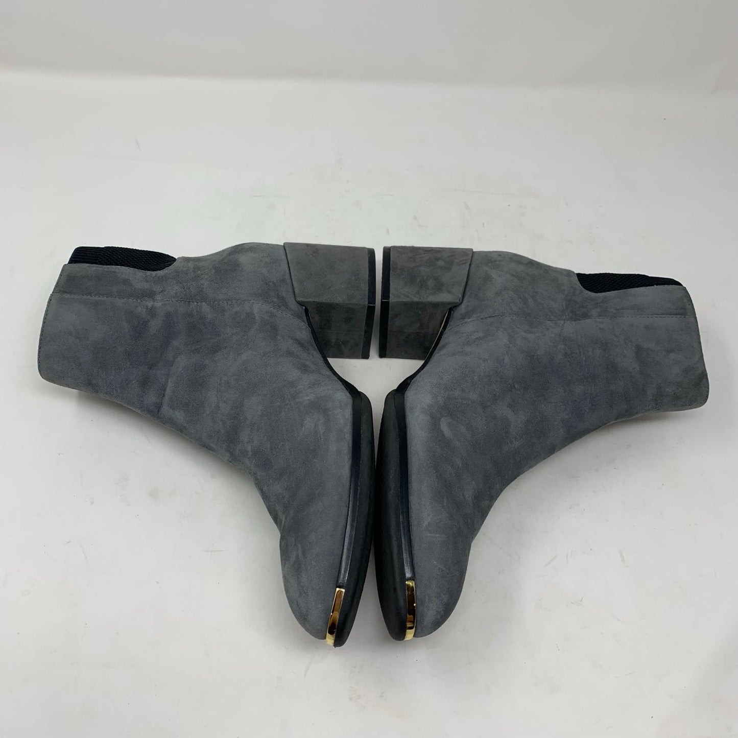 Cole Haan Grand Ambition Holland Magnet Grey Suede Booties Block Heel Gold 8.5