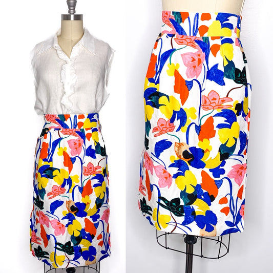 J Crew Size 0P Floral Linen Blend Pencil Skirt Lined Bright Multicolor Abstract