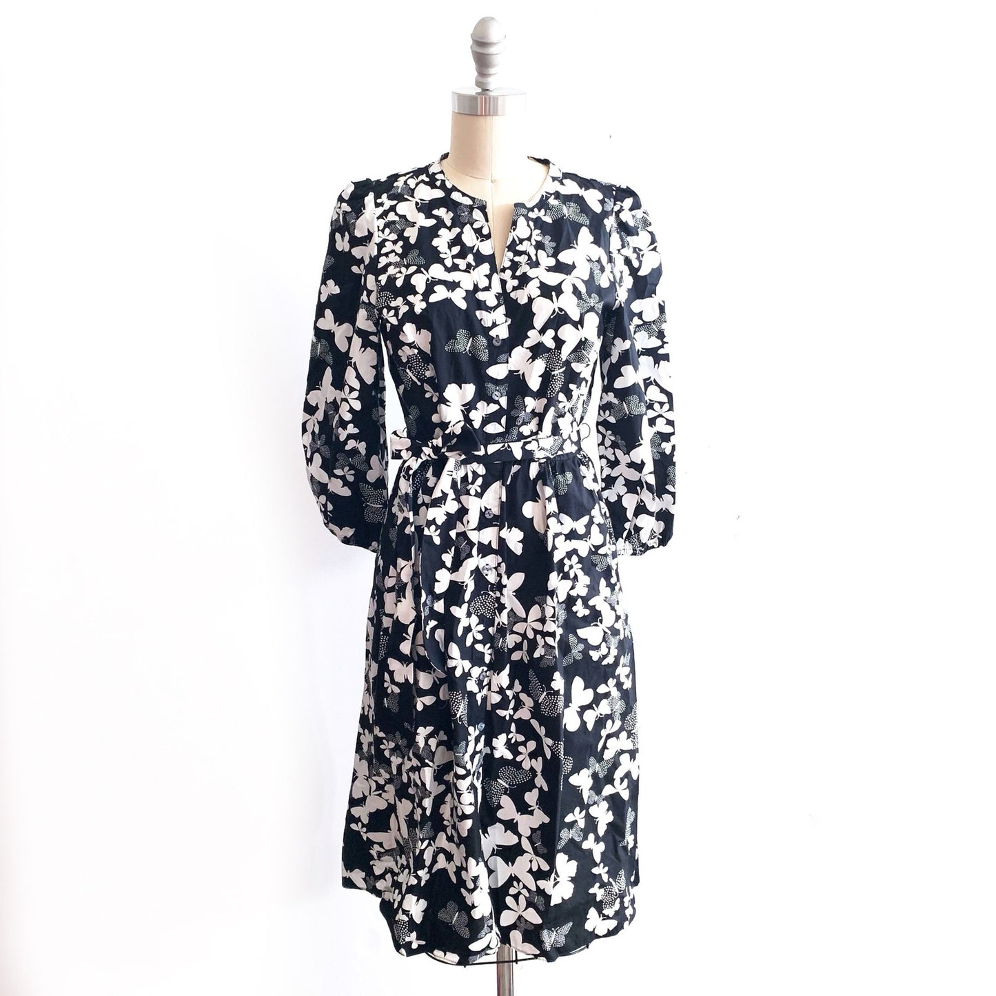 Talbots Dotted Butterflies Cotton Poplin Shirtdress Belted Black White Size 6P