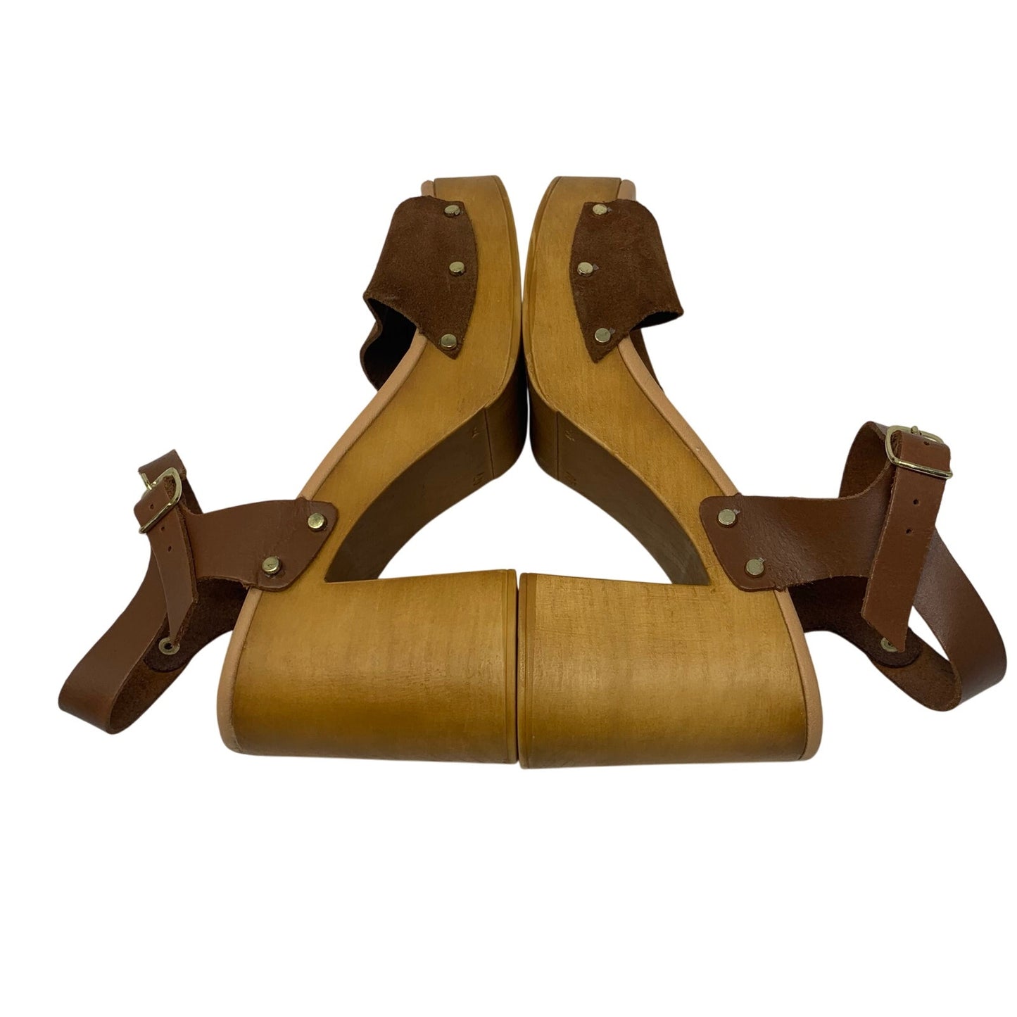 Made in Italy Brown Leather Platform Slingback Sandal Wood Chunky Heel Size 9