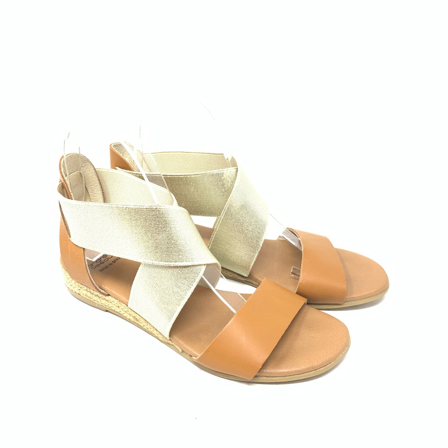Andre Assous  Tan Leather Metallic Gold Wedge Espadrille Sandal Strappy Size 37