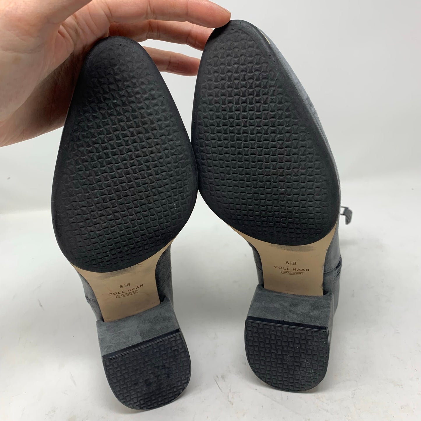 Cole Haan Grand Ambition Holland Magnet Grey Suede Booties Block Heel Gold 8.5