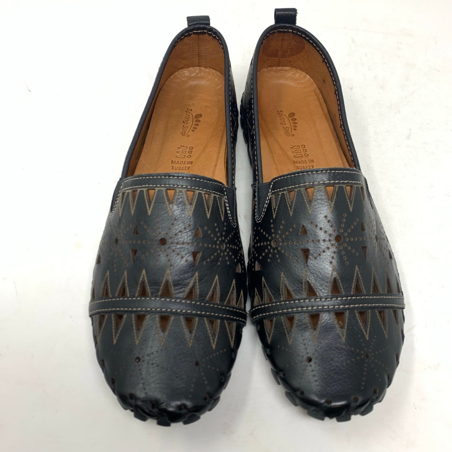 Spring Step Fusaro Flat Slip On Loafer Shoe Black Leather Laser Cutout Size 41