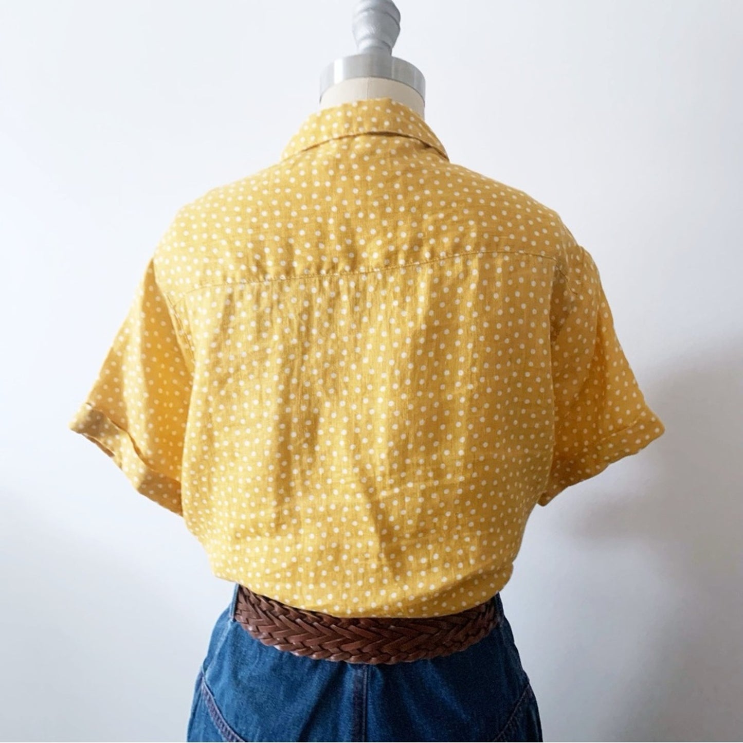 Rachel Zoe XS Linen Yellow Polka Dot Womens Top Short Cuffed Sleeve Button Shirt