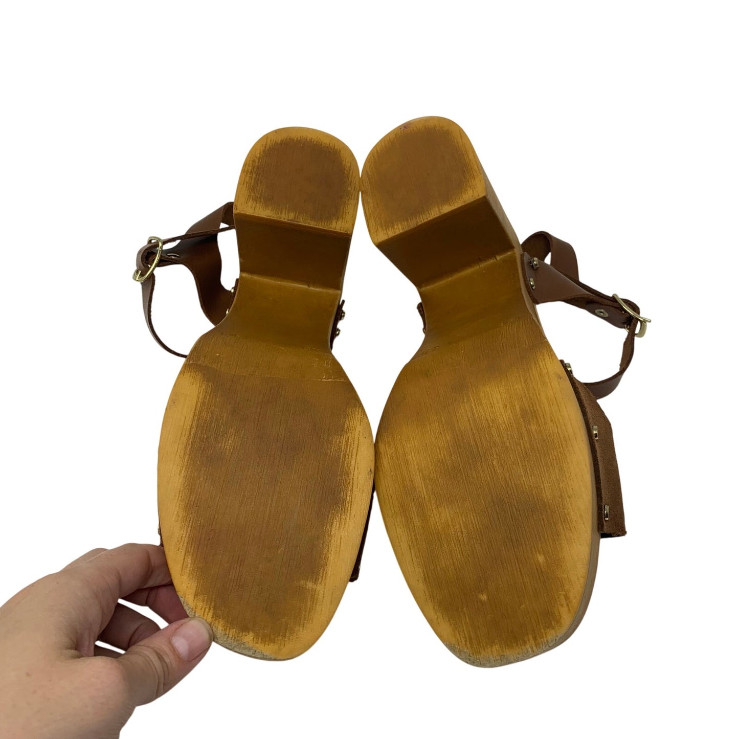 Made in Italy Brown Leather Platform Slingback Sandal Wood Chunky Heel Size 9