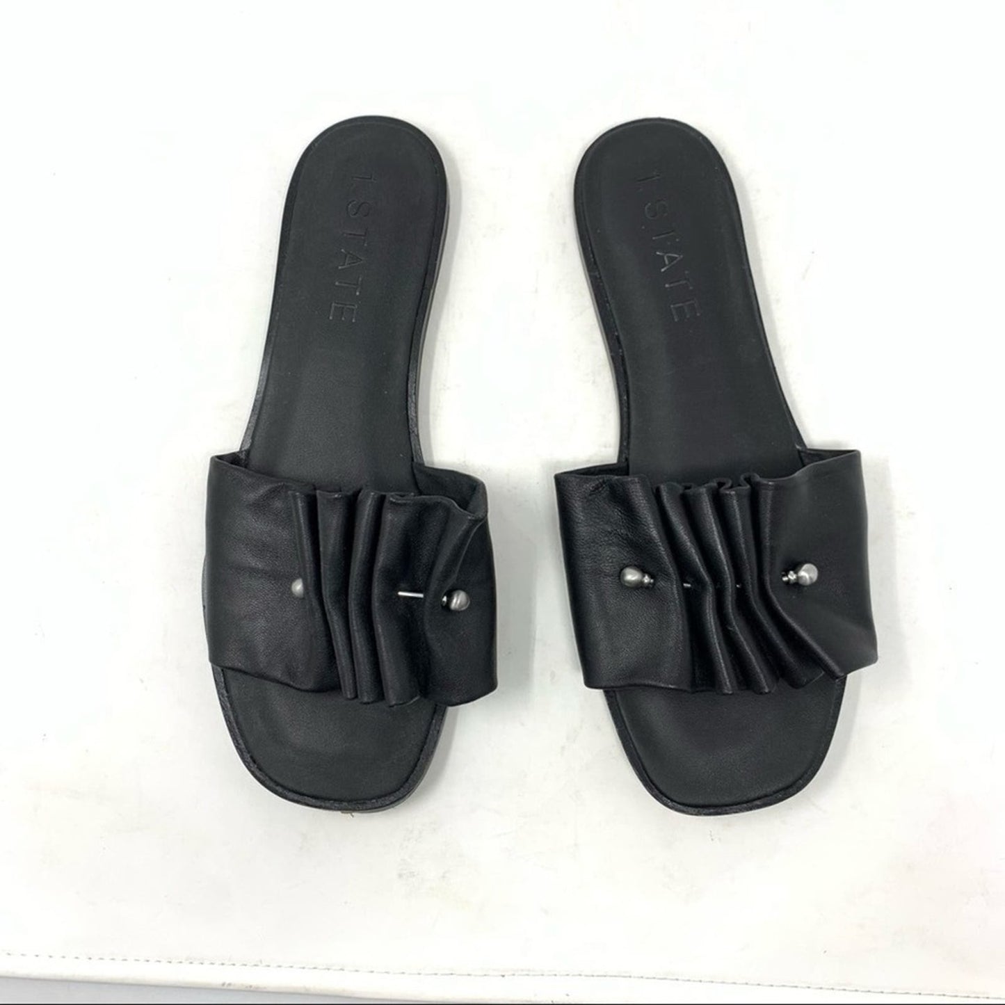 1. State Fann Sandal Black Leather Ruched Ruffled Open Toe Slide Sandal Size 9
