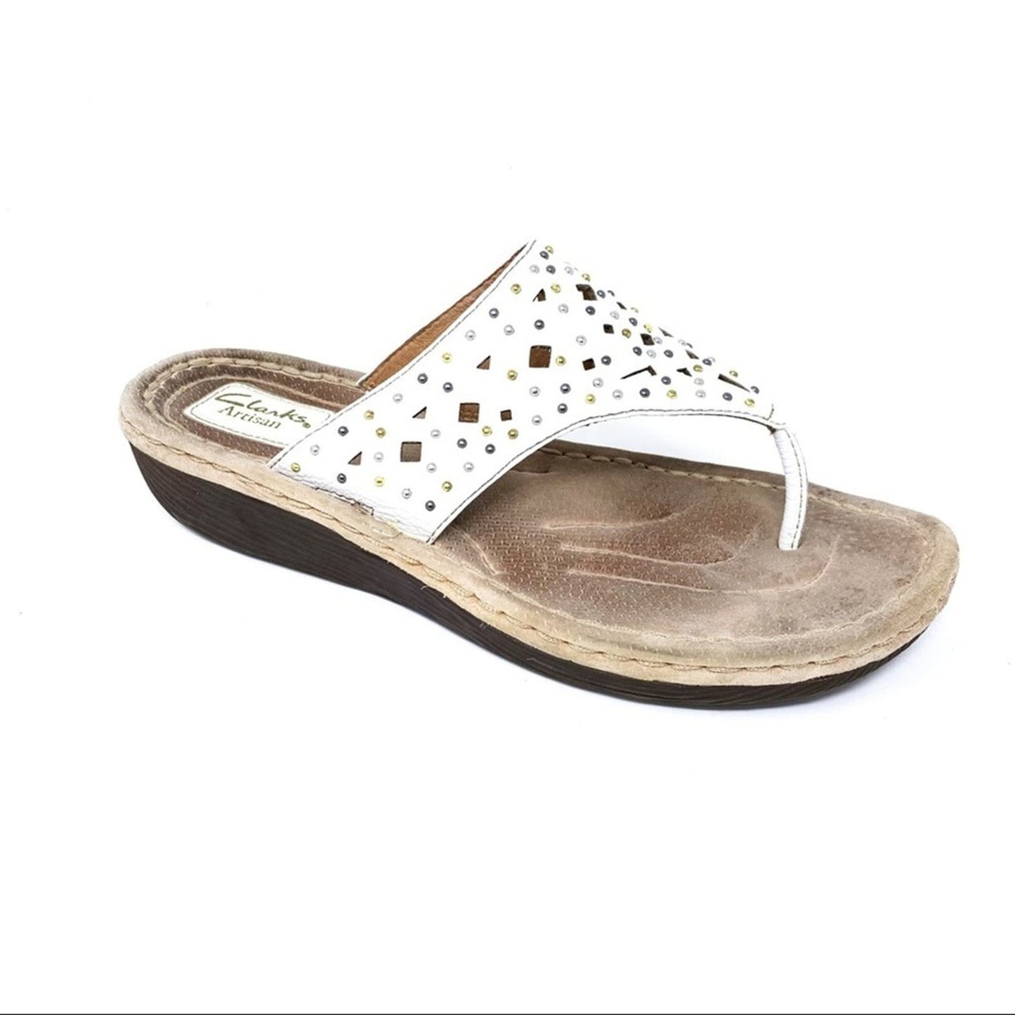 Clarks White Leather Studded Perforated Thong Sandal Flip Flop size 11