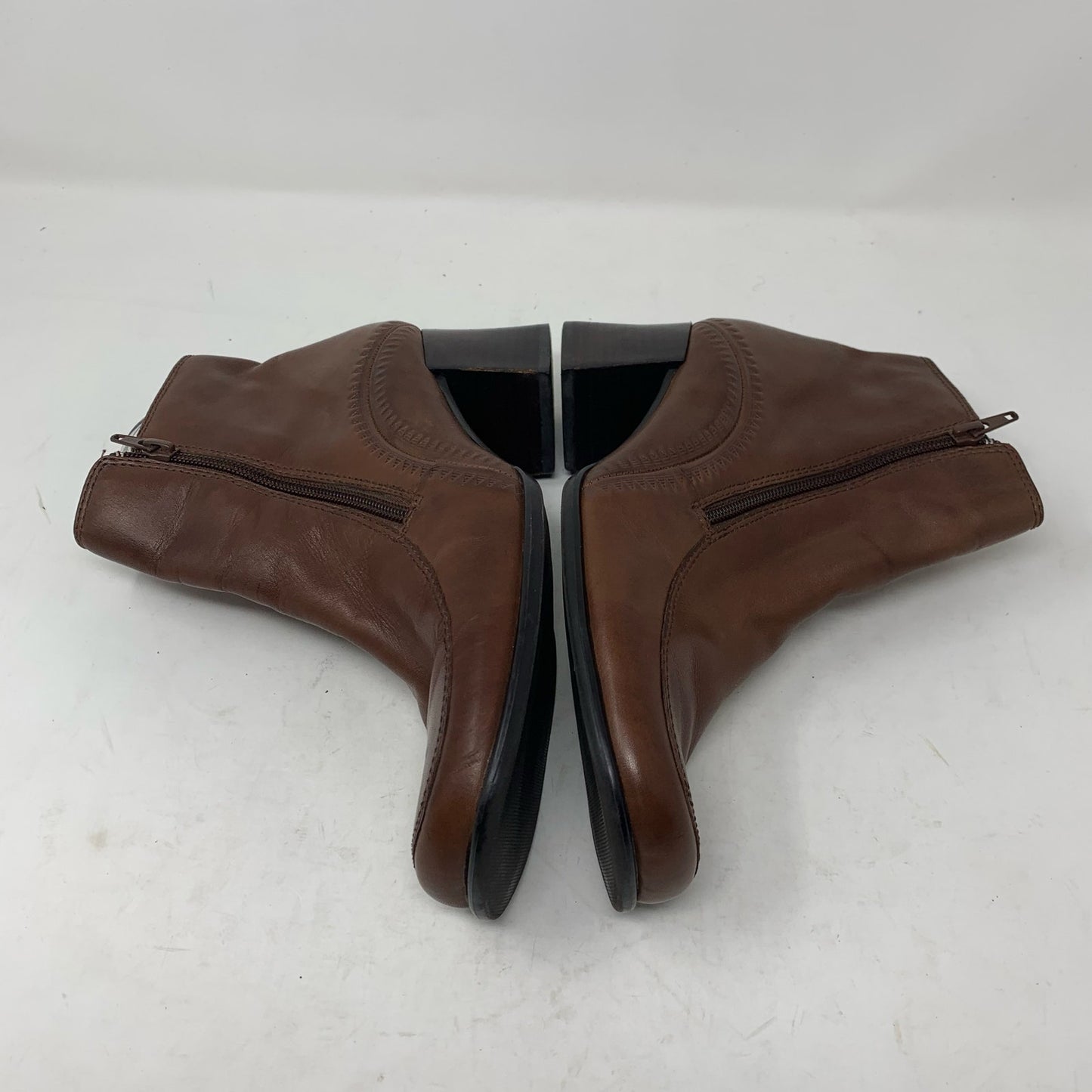 Vintage Y2K 90s Square Toe Brown Leather Side Zip Bootie Ankle Boot Sunburst 9.5