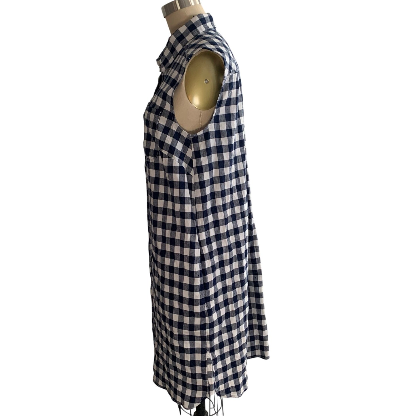 Lands End Size 8P Blue White Gingham Popover Sleeveless Shirtdress Linen Blend