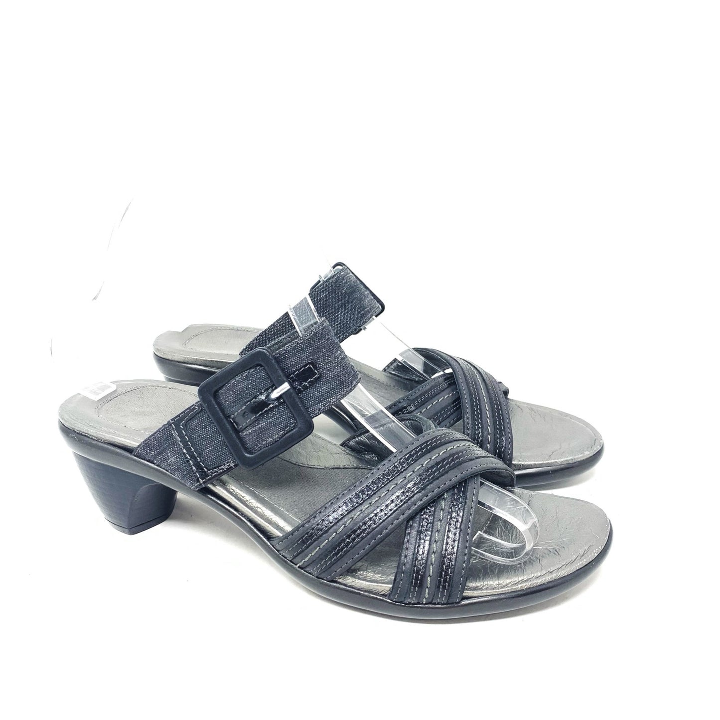NAOT Marvel Black Leather Fabric Strappy Slide Sandal Mid Heel EU Size 39 Buckle