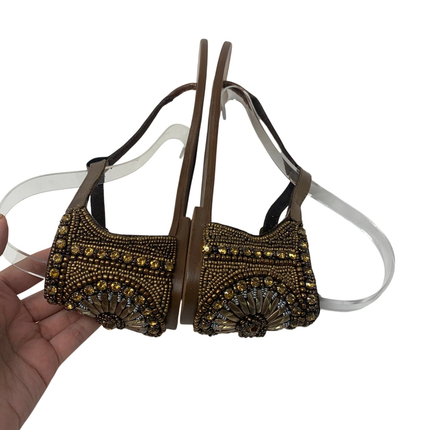 Naughty Monkey Bronze Sunflower Beaded Leather T strap Gladiator Sandal Size 8.5