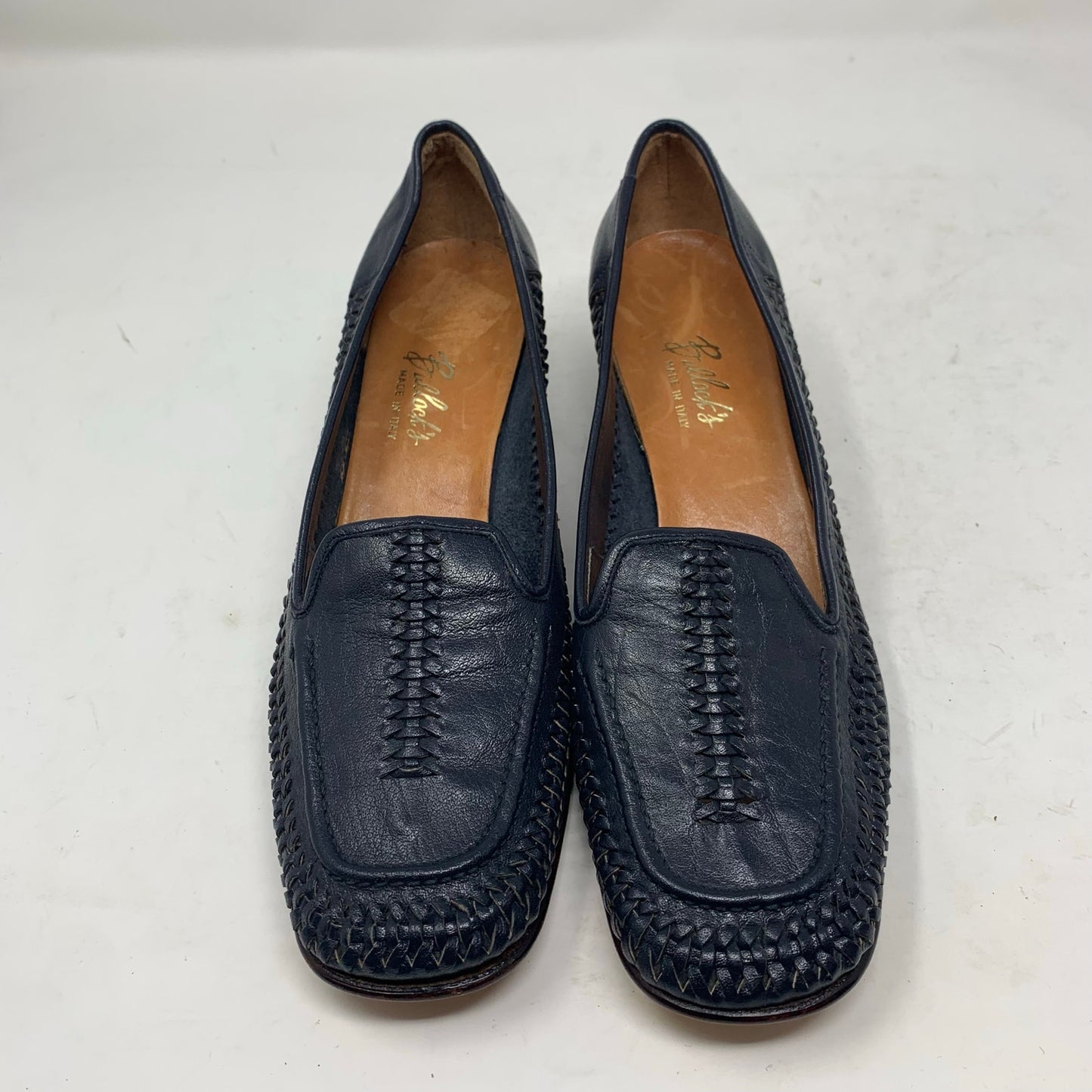Bullock’s Made in Italy Navy Blue Leather Braided Woven Loafer Stacked Heel 9 N