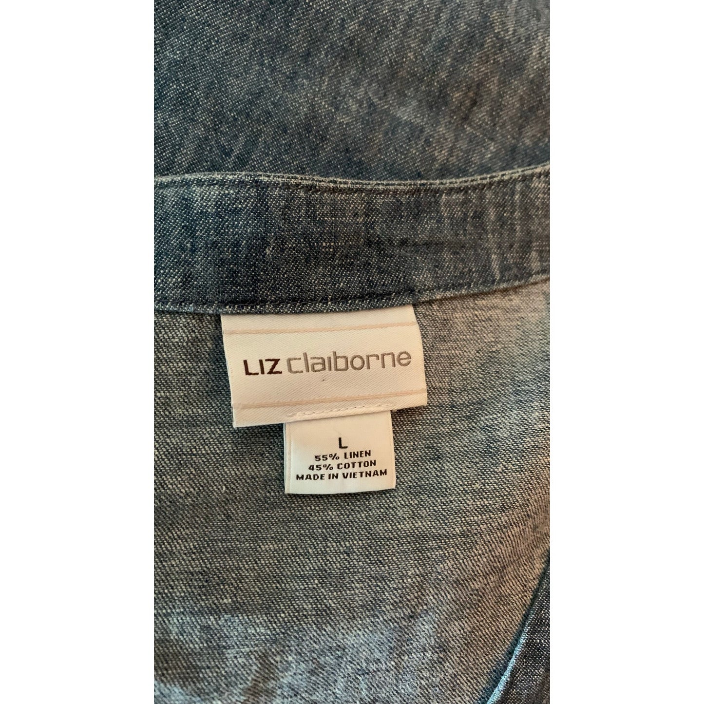 Liz Claiborne Size L Blue Chambray Linen Cotton Blend Maxi Dress Button Front V