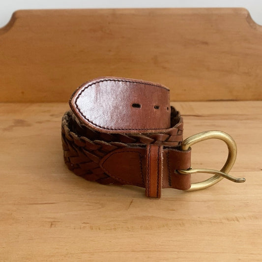 Vintage Lands End Brown Braided Woven Leather Belt Round Gold Buckle Size 26 USA