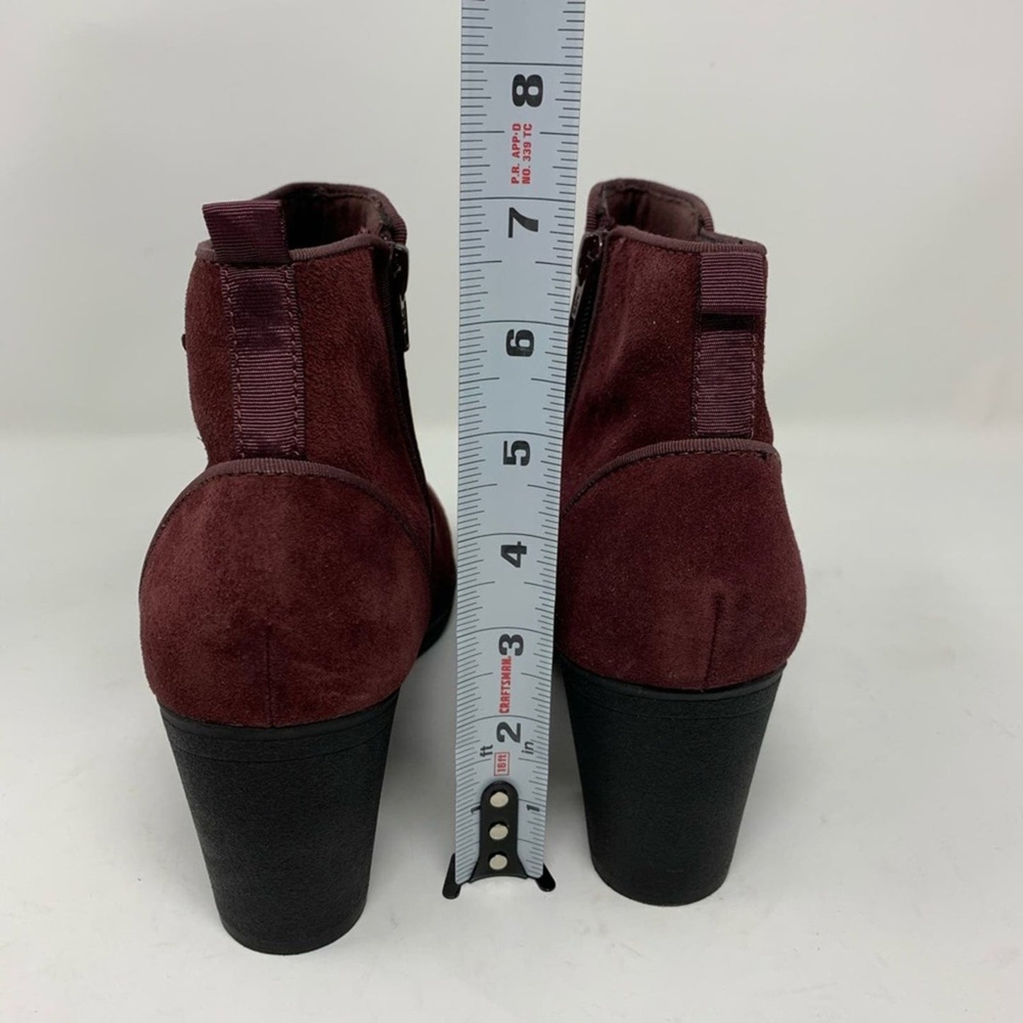 Clarks Meera Yew Burgundy Suede Leather Zip Boots Size 8 Buckle Detail