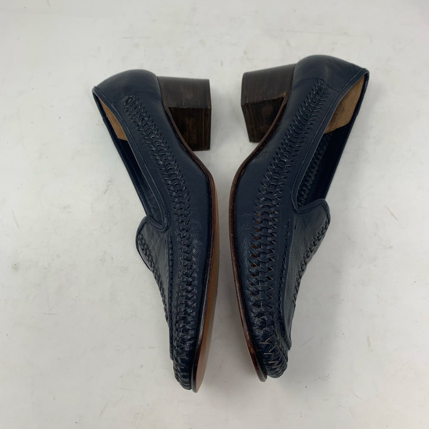Bullock’s Made in Italy Navy Blue Leather Braided Woven Loafer Stacked Heel 9 N