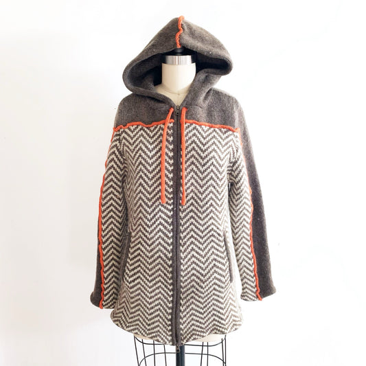 Tsunami Size M Lambswool Blend Full Zip Hooded Sweater Jacket Chevron Orange Y2K
