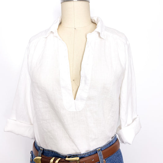 Sigrid Olsen Size M 100% Linen White Popover Blouse Shirt Collar Deep V Neck