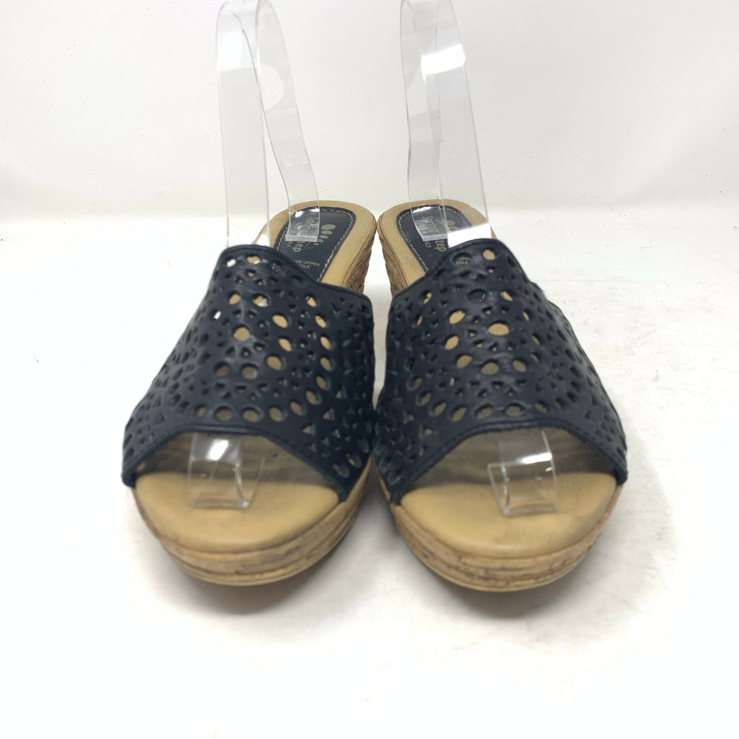 Spring Step Martha Laser Cut Out Slide Wedge Heel Black Leather Sandal Size 40