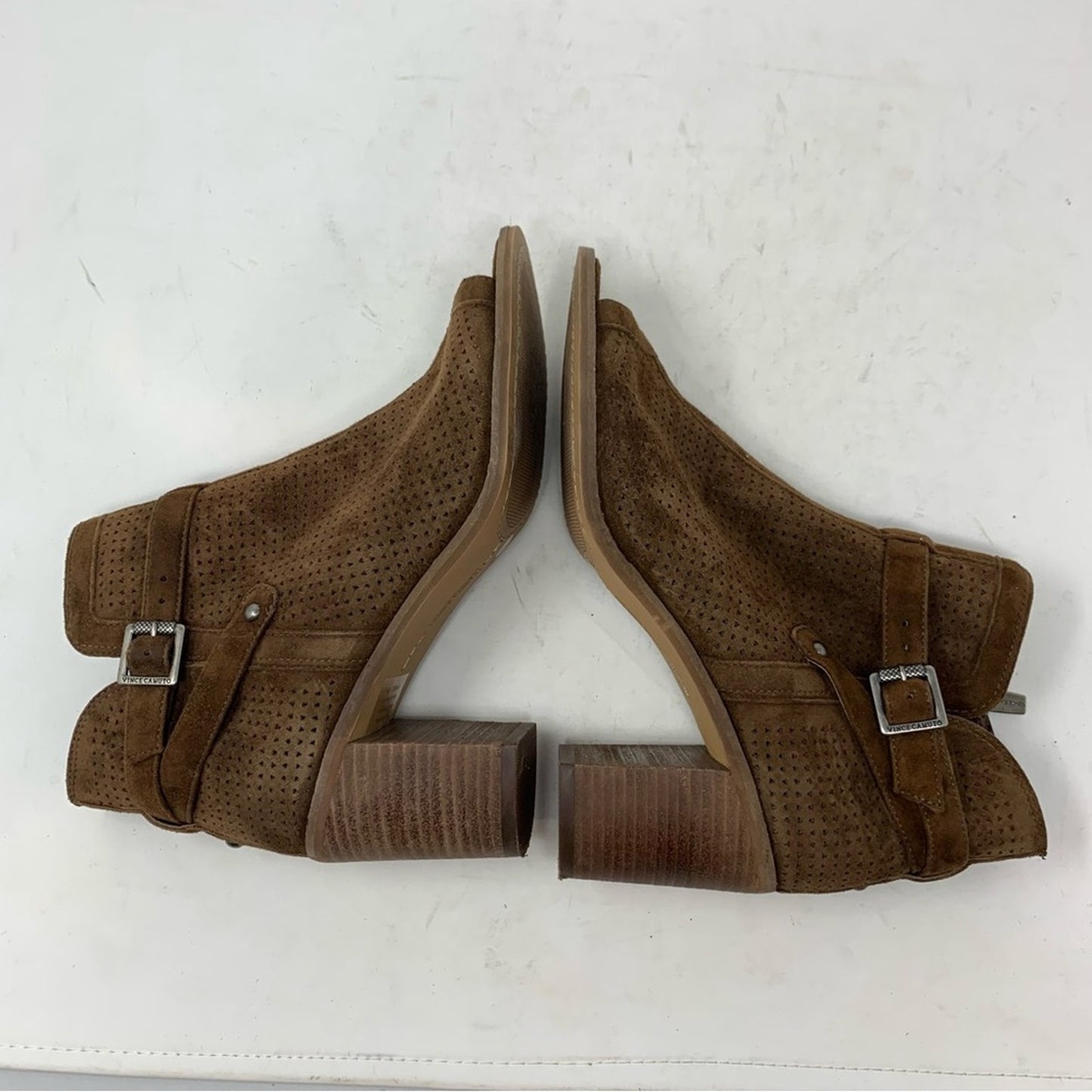 Vince Camuto Temira Ankle Boots Block Heel Peep Toe Brown Suede Leather Size 7