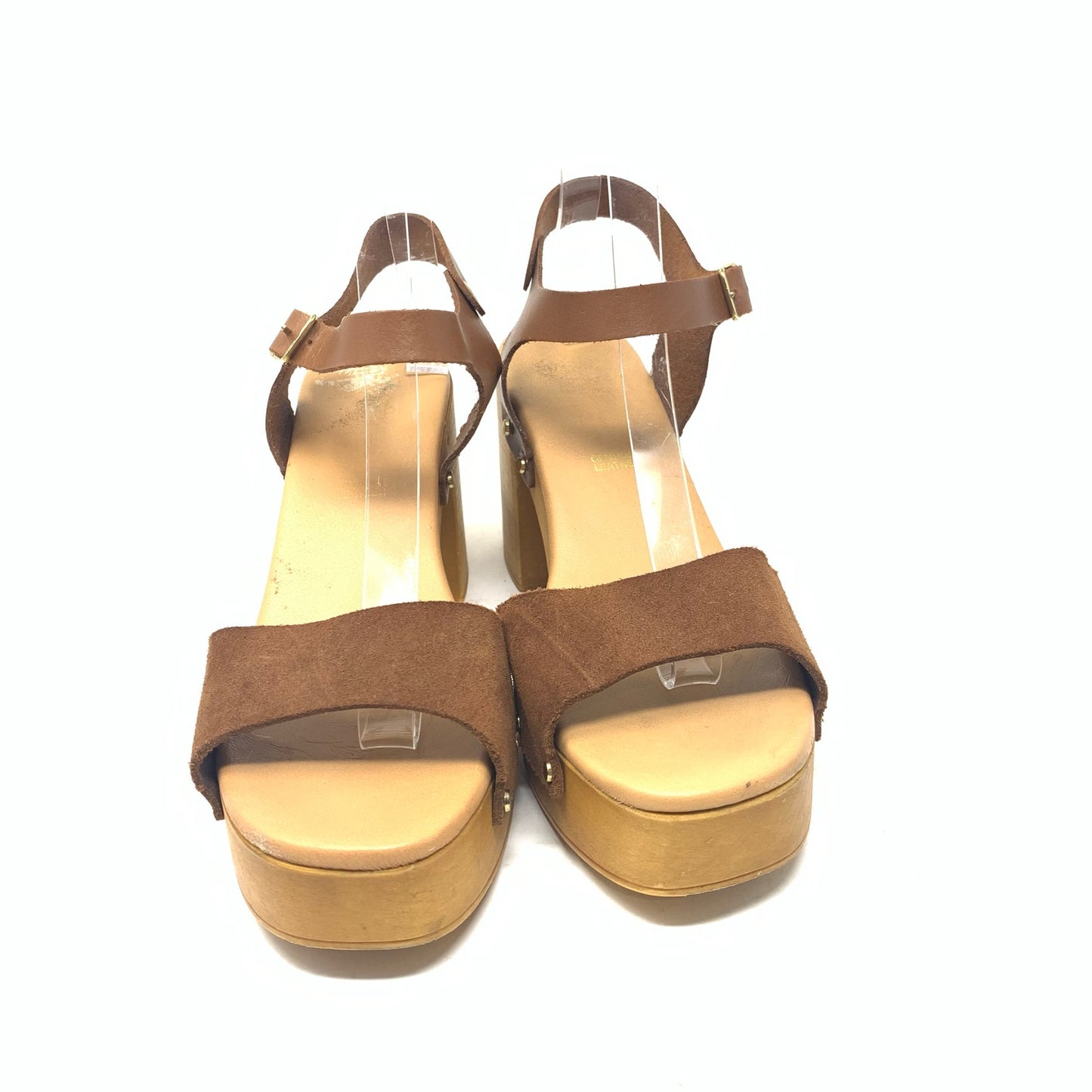 Made in Italy Brown Leather Platform Slingback Sandal Wood Chunky Heel Size 9