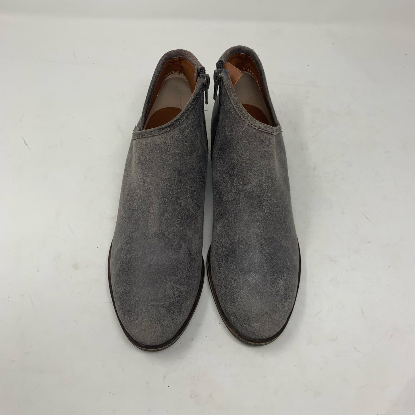 Lucky Brand Brekke Size 8 Grey Suede Ankle Boots Side Zip Asymmetrical Booties