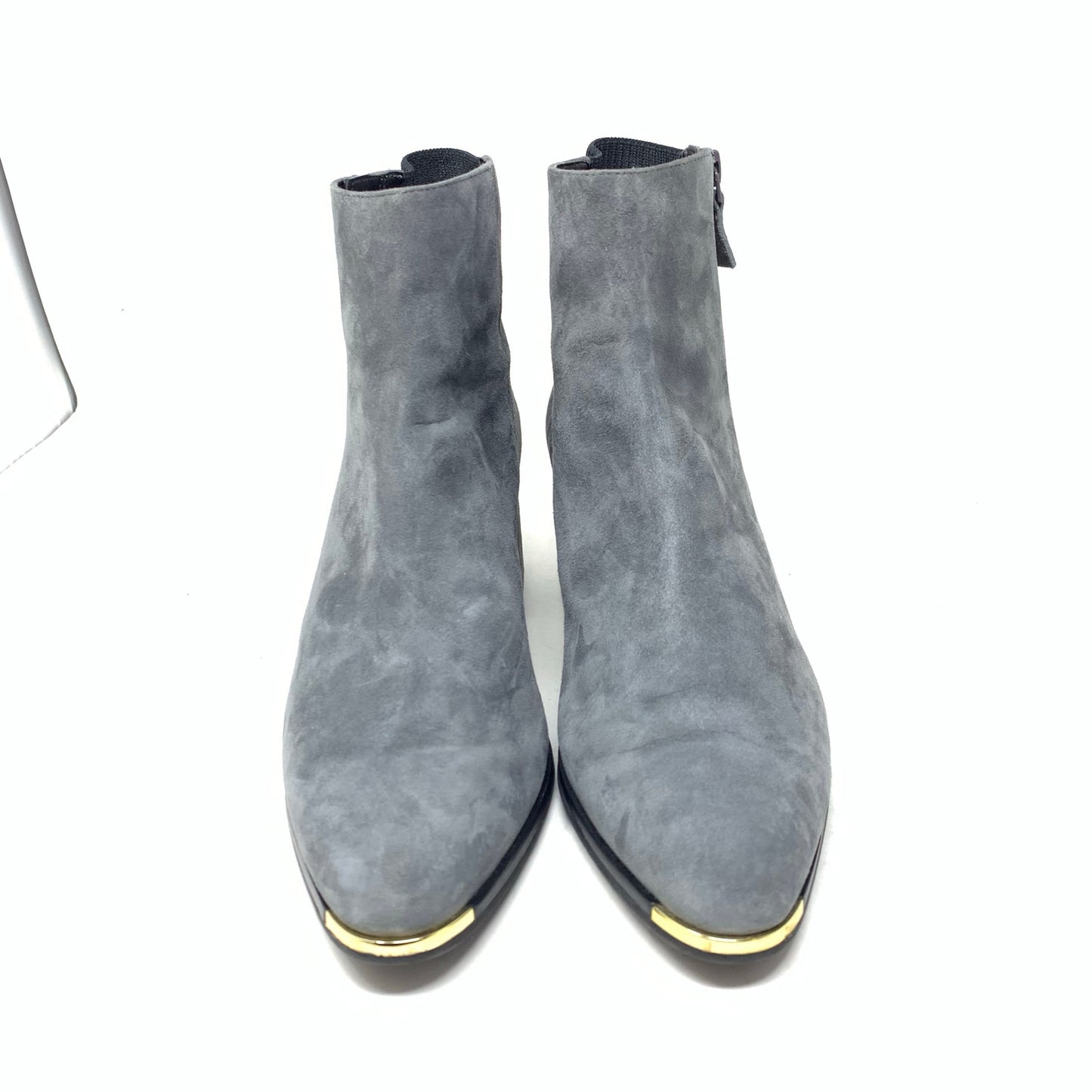 Cole Haan Grand Ambition Holland Magnet Grey Suede Booties Block Heel Gold 8.5