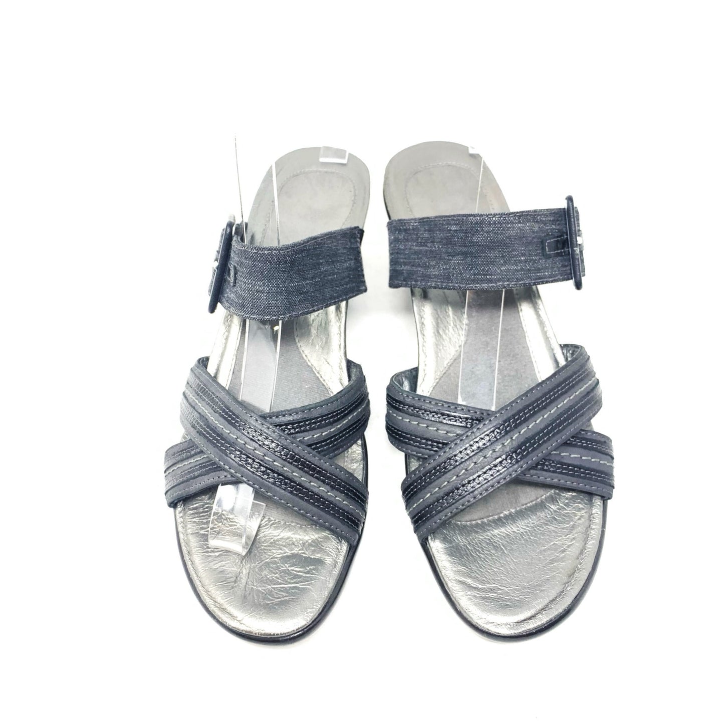 NAOT Marvel Black Leather Fabric Strappy Slide Sandal Mid Heel EU Size 39 Buckle