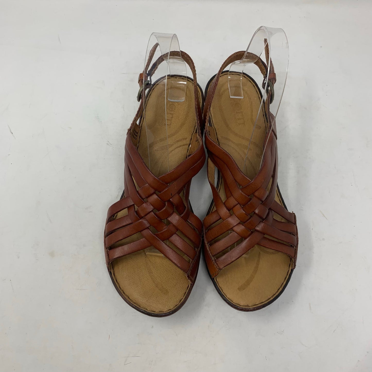Born Valakas Size 9 Brown Leather Strappy Woven Sandals Slingback Mid Heel