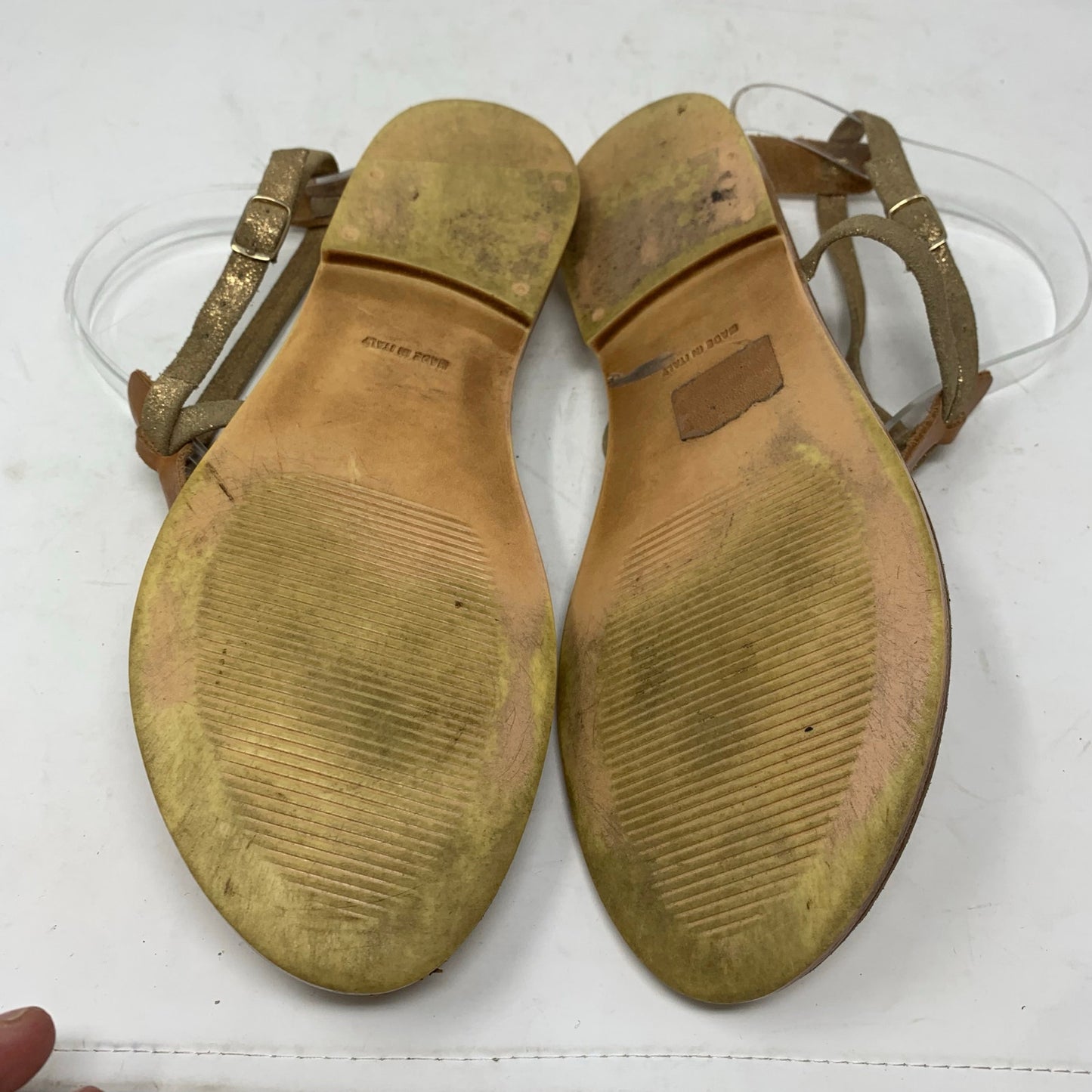 Niccolo Vacari Thong Sandals Tan Leather Gold Made in Italy Size 10 Flat Minimalist