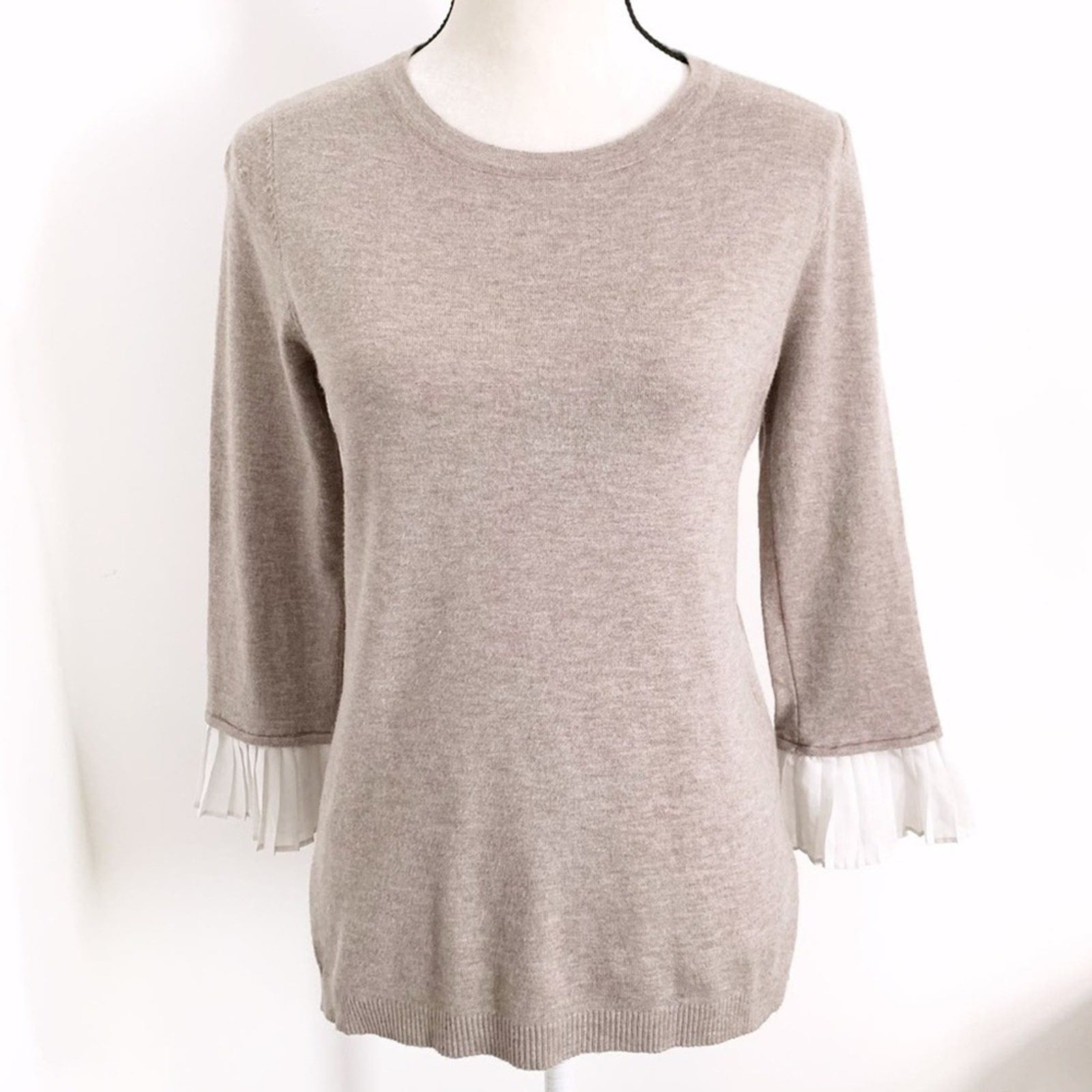 Vita Milano M Wool Blend Sweater Light Brown Pleated Chiffon Cuffs 3/4 Sleeve