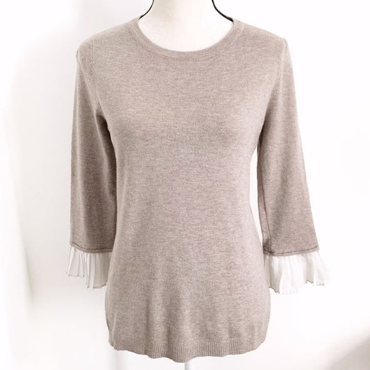 Vita Milano M Wool Blend Sweater Light Brown Pleated Chiffon Cuffs 3/4 Sleeve