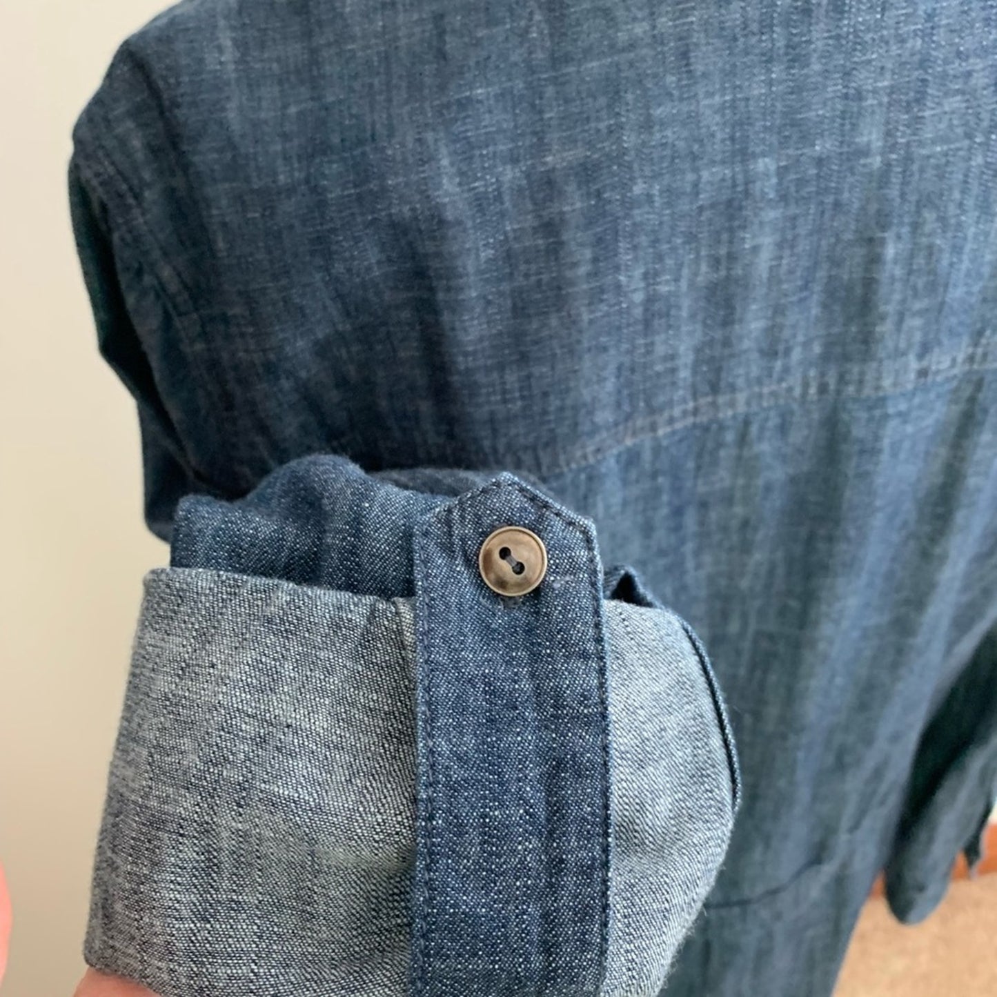 CJ Banks Blue Chambray 100% Cotton Shirtdress Button Drawstring Tab Sleeve 14 W