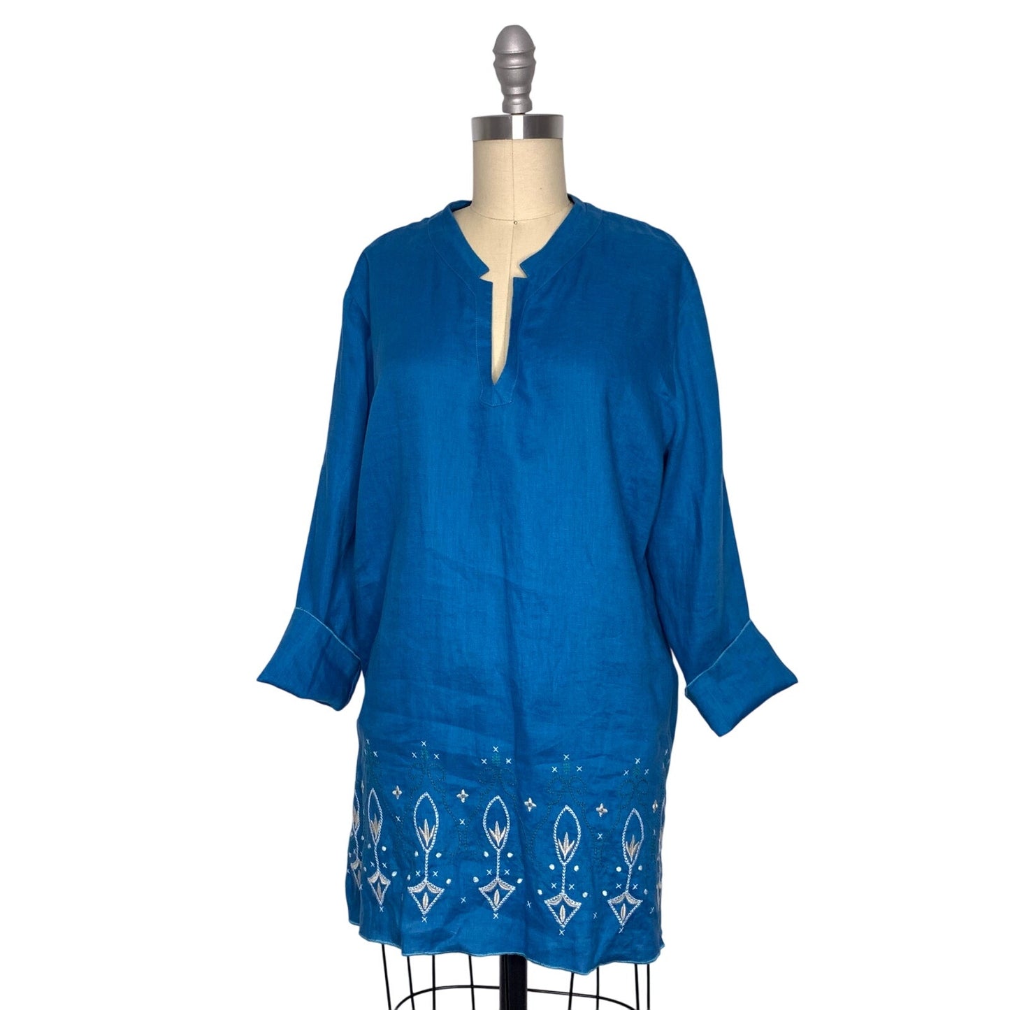 Dana Buchman Size 12 100% Linen Tunic Top Embroidered Teal Blue Long Sleeve