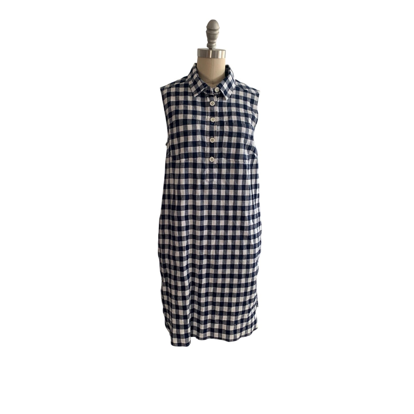 Lands End Size 8P Blue White Gingham Popover Sleeveless Shirtdress Linen Blend