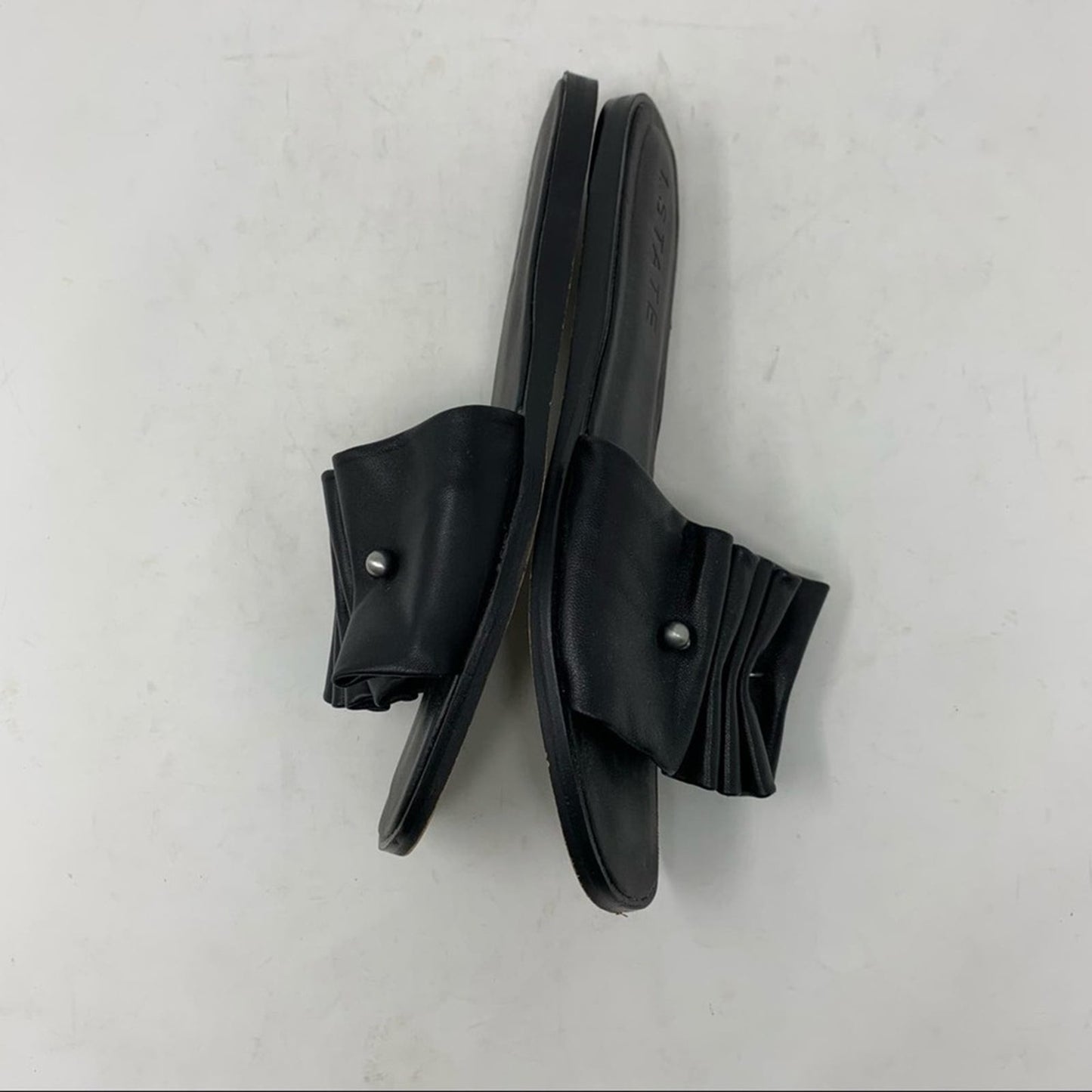 1. State Fann Sandal Black Leather Ruched Ruffled Open Toe Slide Sandal Size 9