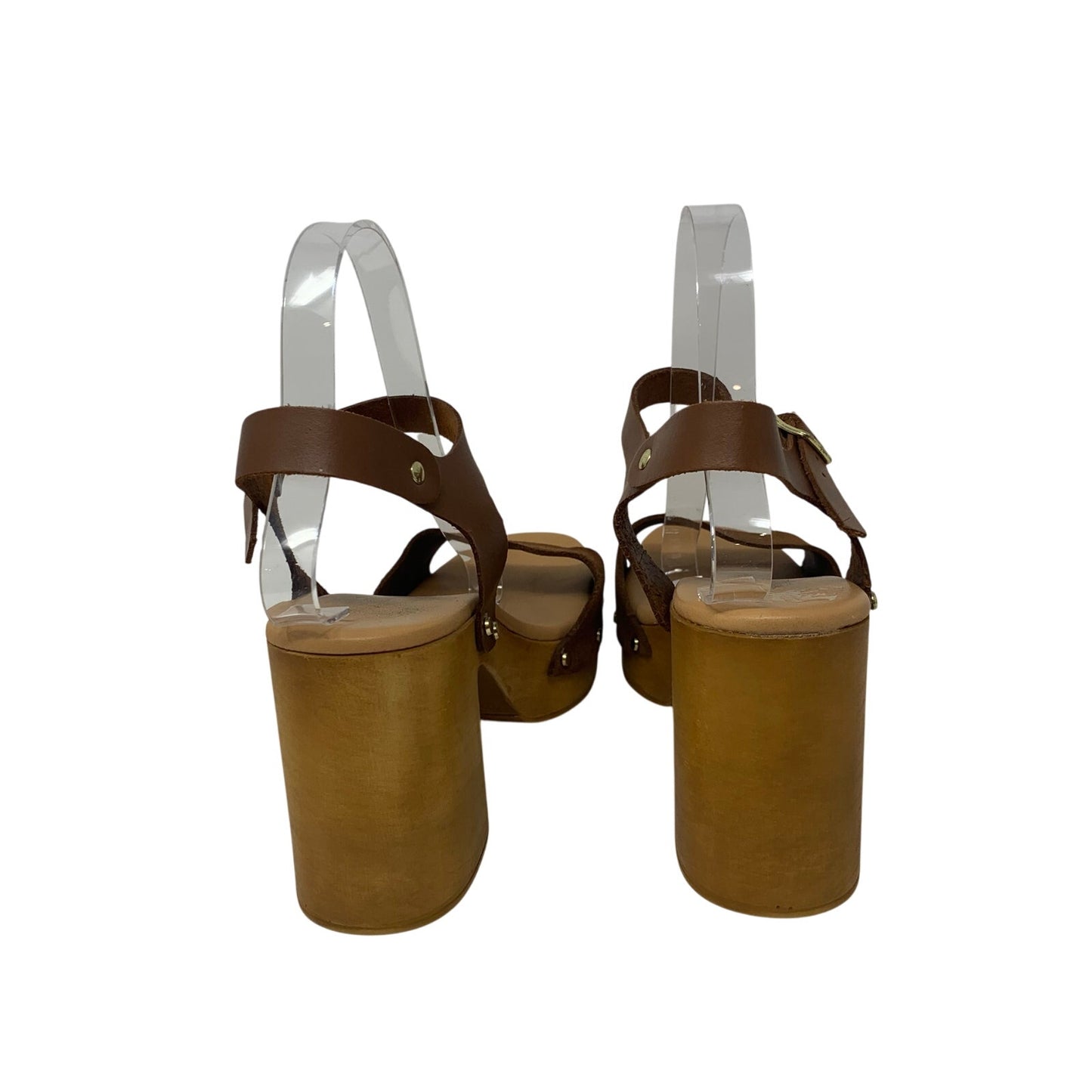 Made in Italy Brown Leather Platform Slingback Sandal Wood Chunky Heel Size 9