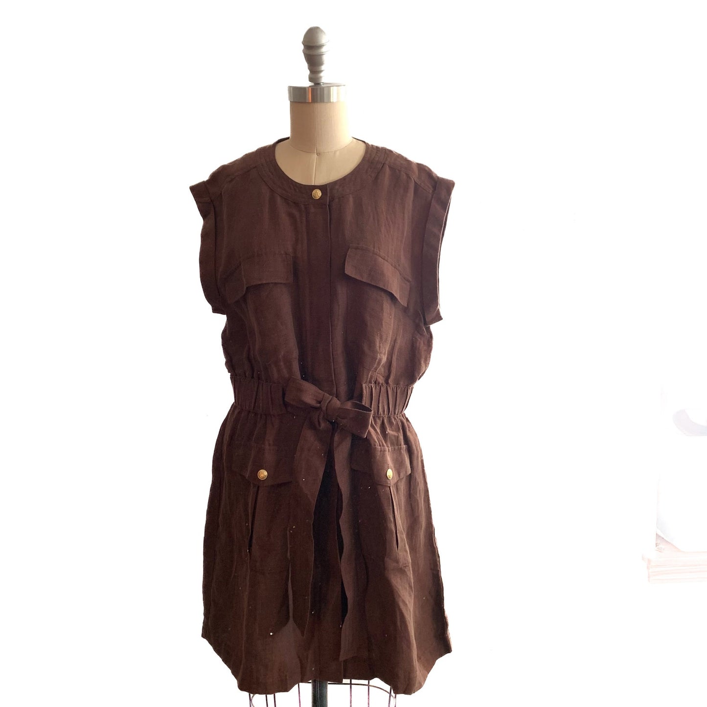 J Crew Tie-waist mini dress Chelsea linen-cupro blend Size 12 Cocoa Brown NWT
