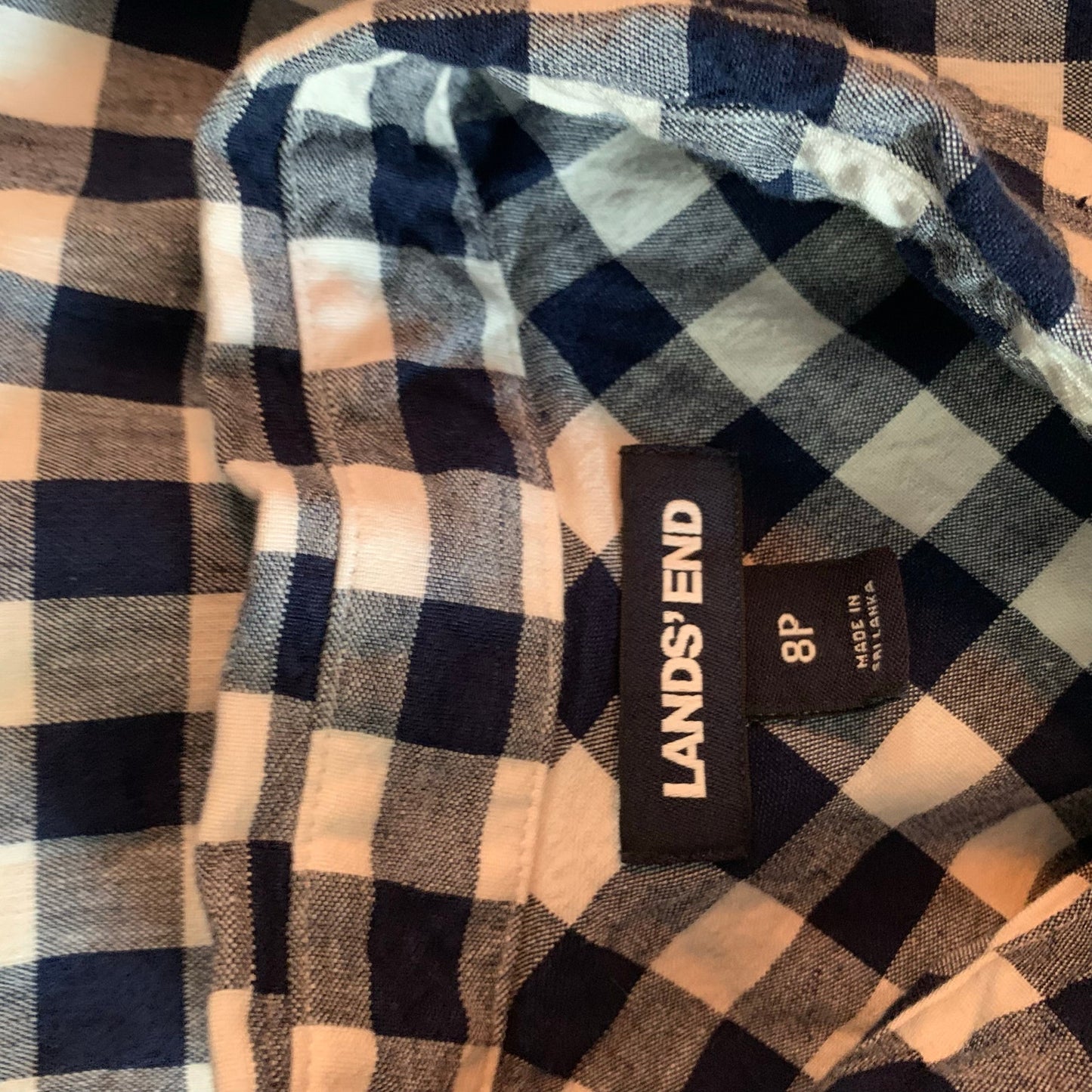 Lands End Size 8P Blue White Gingham Popover Sleeveless Shirtdress Linen Blend