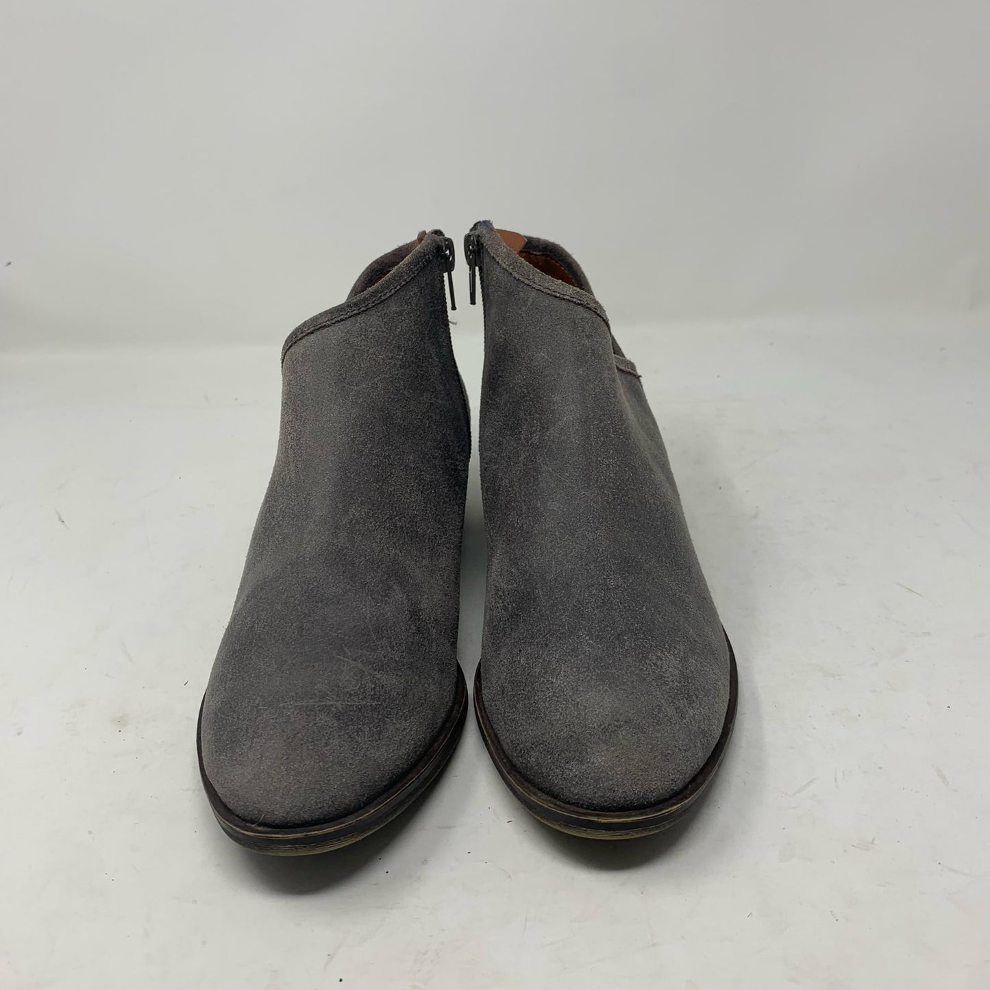 Lucky Brand Brekke Size 8 Grey Suede Ankle Boots Side Zip Asymmetrical Booties
