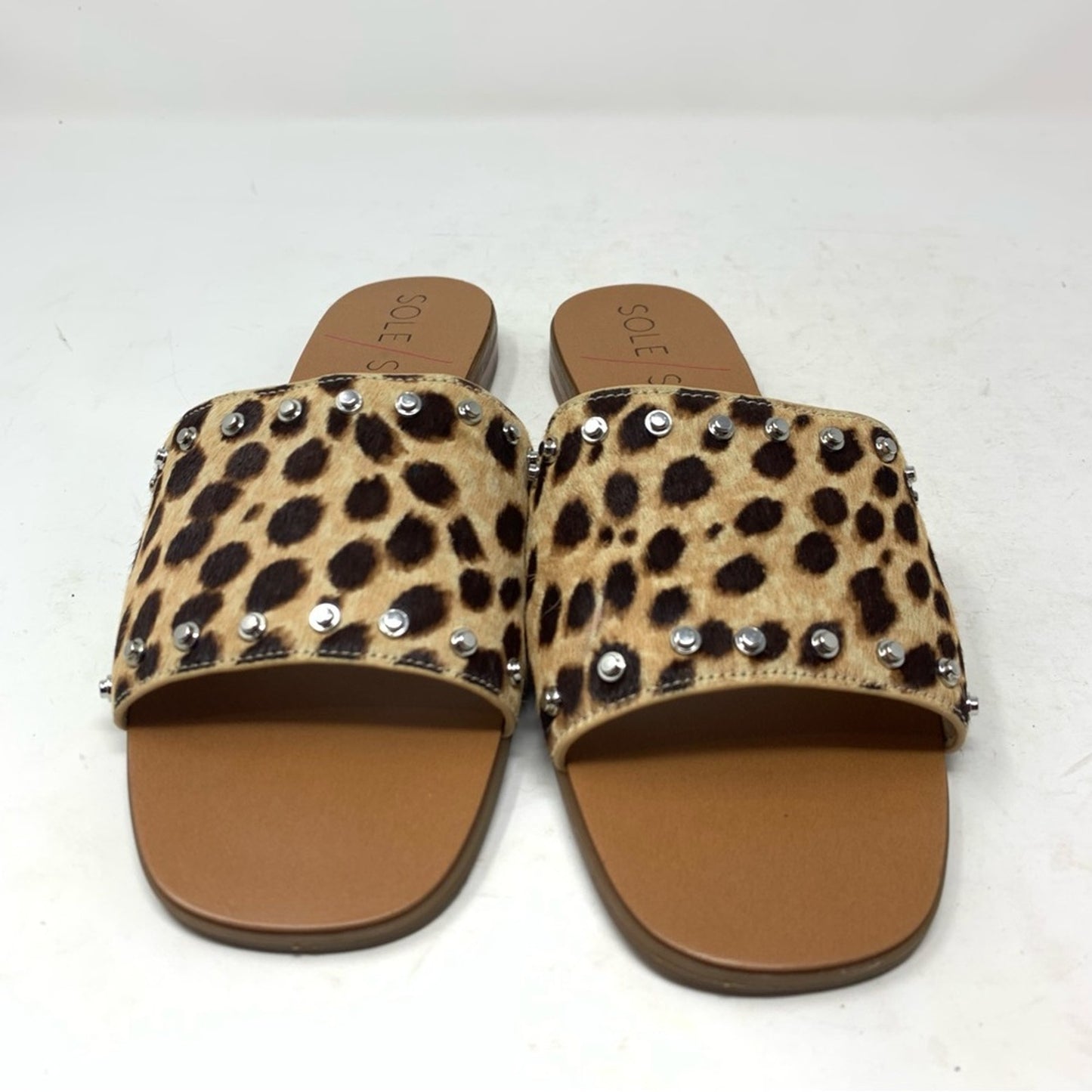 Sole Society Studded Leopard Cheetah Print Slides Sandals Calf Hair size 9