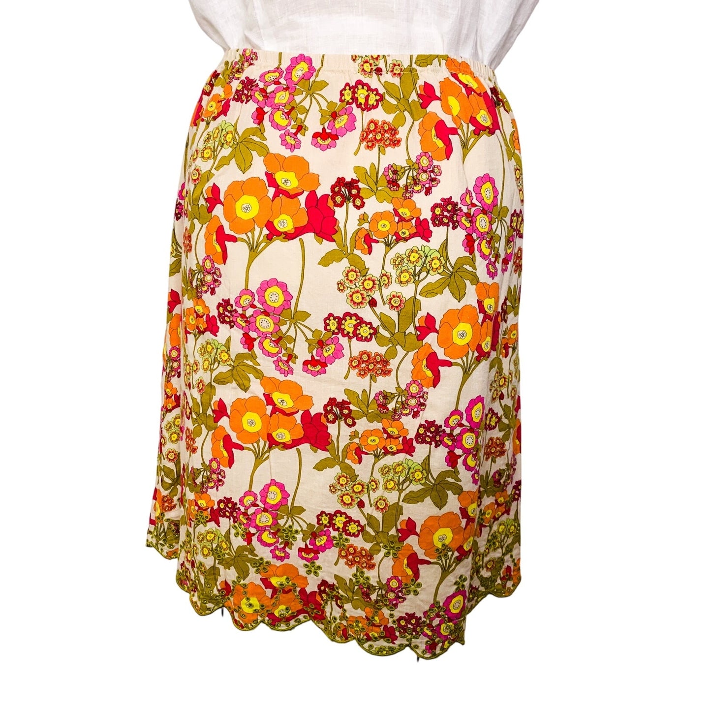 J Jill Retro Multi Color Orange Pink Floral Eyelet Scalloped Hem Cotton Skirt L