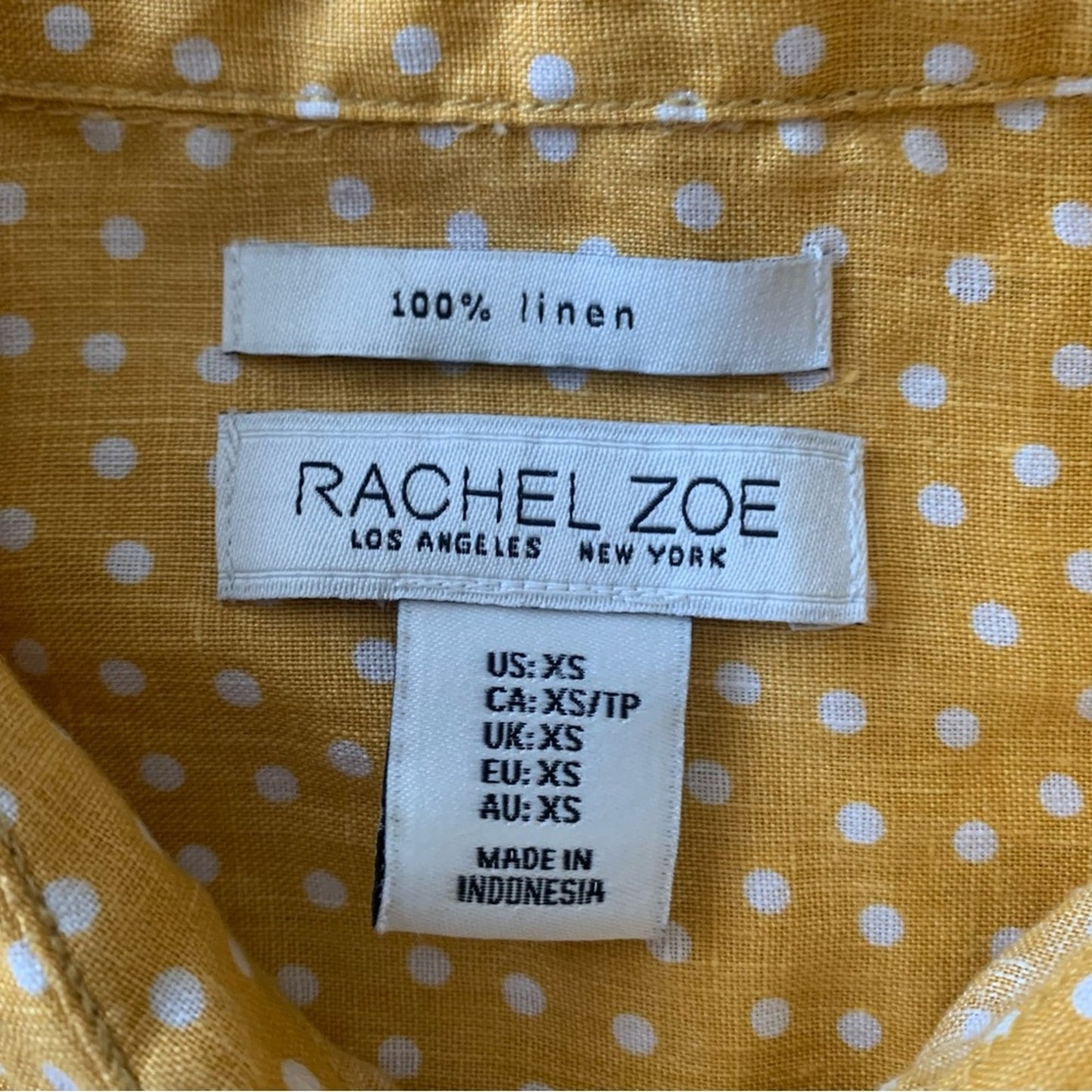 Rachel Zoe XS Linen Yellow Polka Dot Womens Top Short Cuffed Sleeve Button Shirt