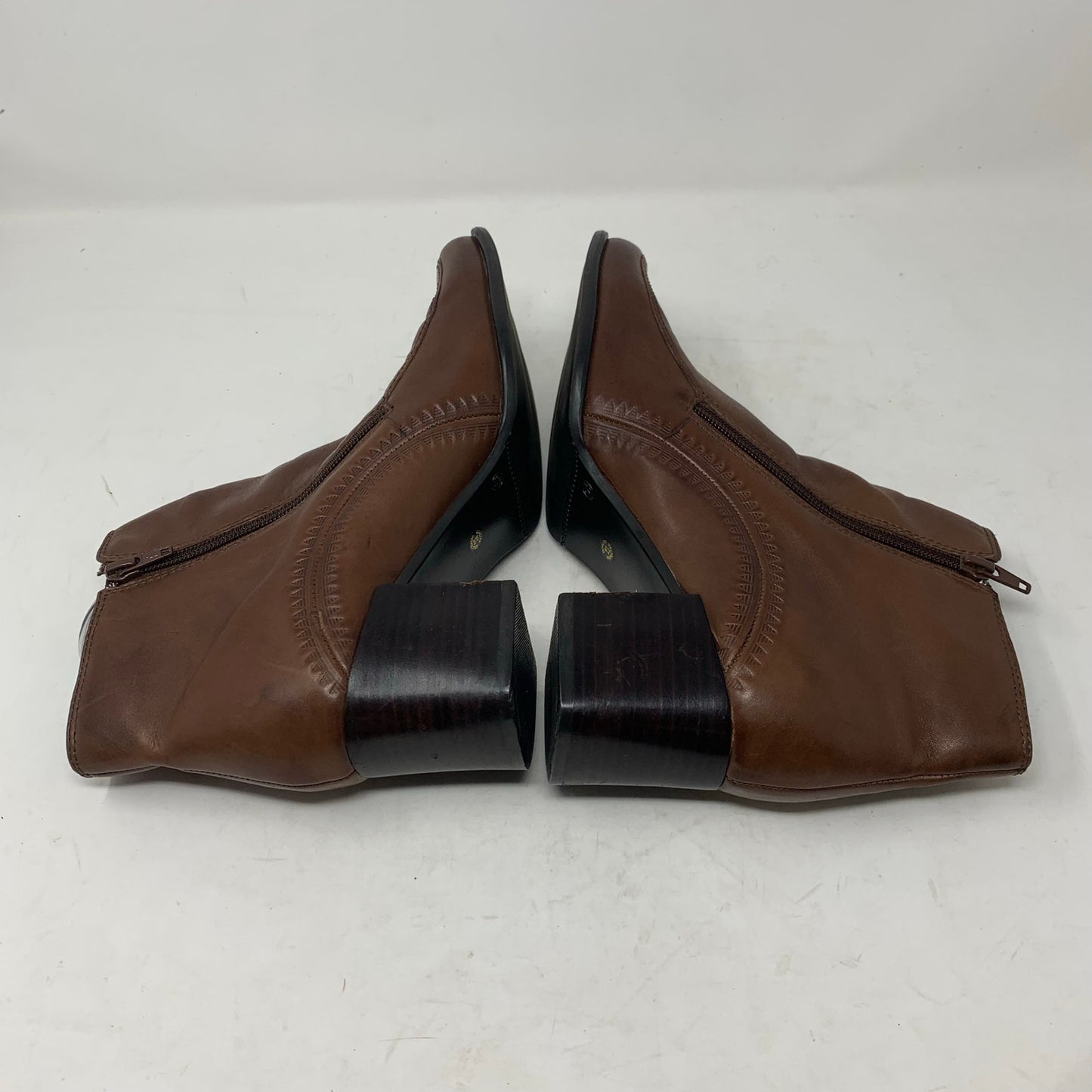 Vintage Y2K 90s Square Toe Brown Leather Side Zip Bootie Ankle Boot Sunburst 9.5