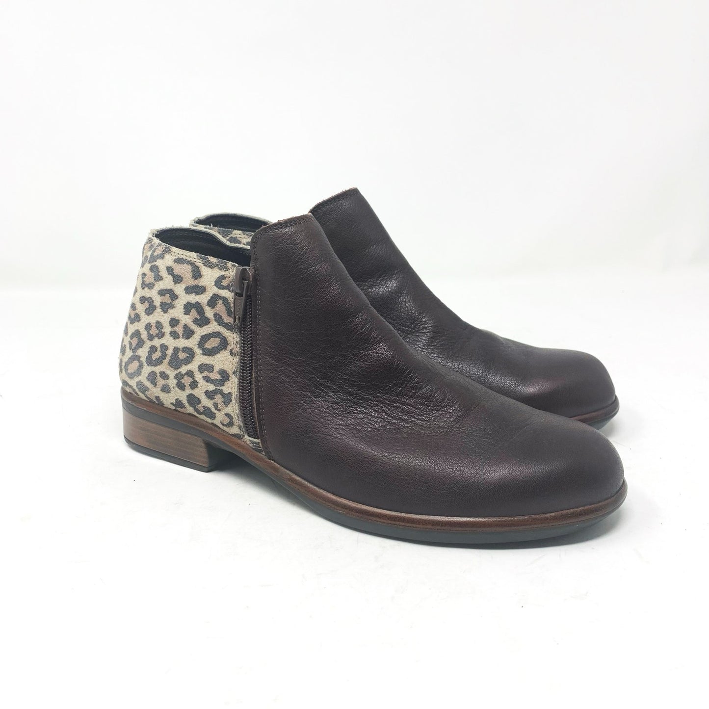 NAOT Helm Brown Leather Cheetah Animal Print Side Zip Ankle Boot Bootie Size 39
