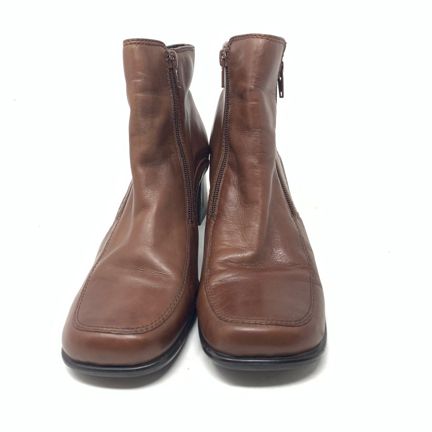 Vintage Y2K 90s Square Toe Brown Leather Side Zip Bootie Ankle Boot Sunburst 9.5
