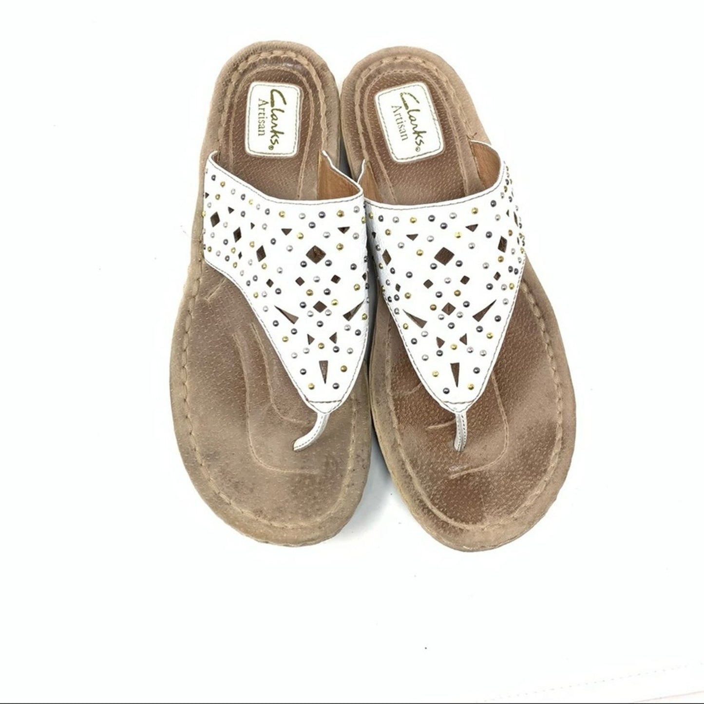 Clarks White Leather Studded Perforated Thong Sandal Flip Flop size 11