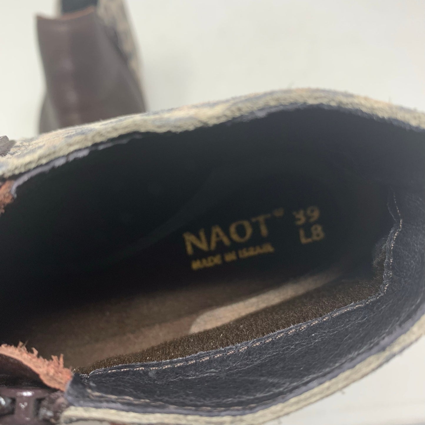 NAOT Helm Brown Leather Cheetah Animal Print Side Zip Ankle Boot Bootie Size 39